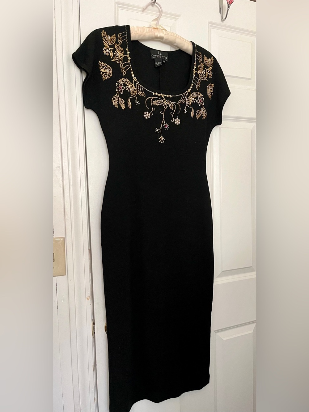 Vintage Carole Little Black Midi Dress with Gold and rhinestone embellishments